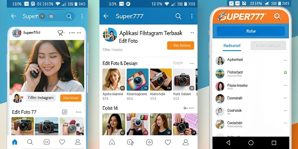 Antarmuka pengguna SUPER777 dengan berbagai pilihan filter Instagram.