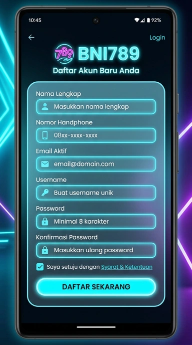 Tampilan halaman daftar bni789